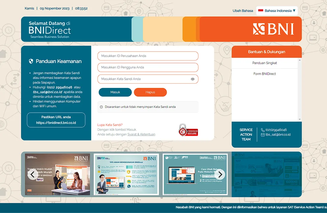 The redesigned BNIDirect corporate login page