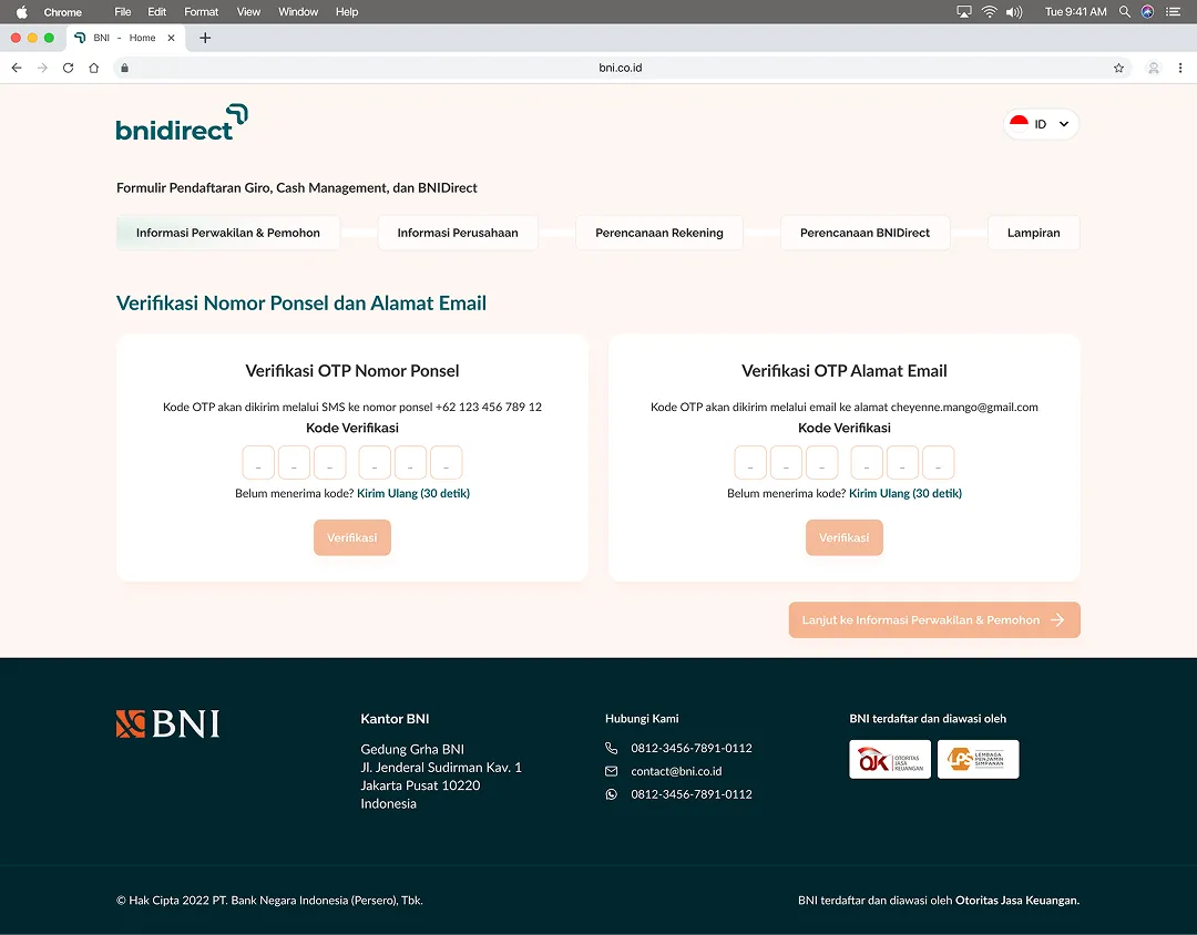 OTP verification for both the phone number and the email address, each with a six-digit code entry and a thirty-second resend